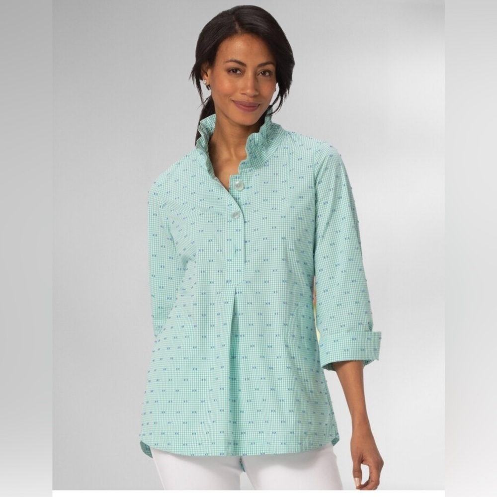 Seersucker Tunic Teal White with navy polka dot Ruffle Collar - Picture 2 of 6
